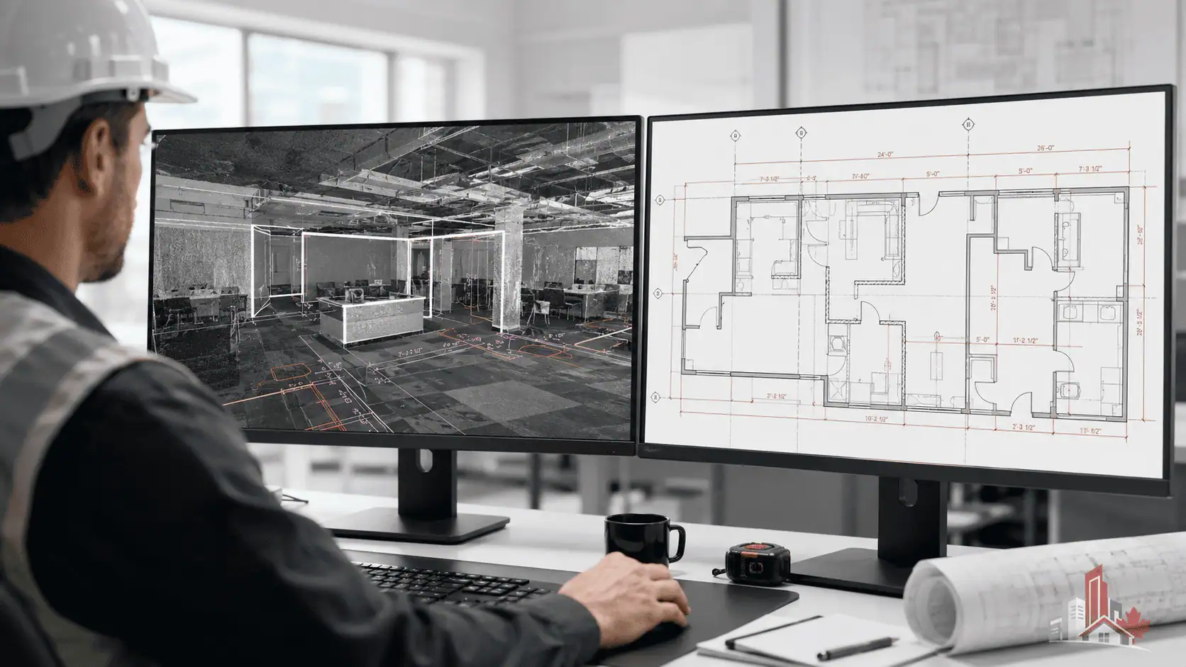 Technician reviewing as-built drawing against point cloud reference on workstation screen
